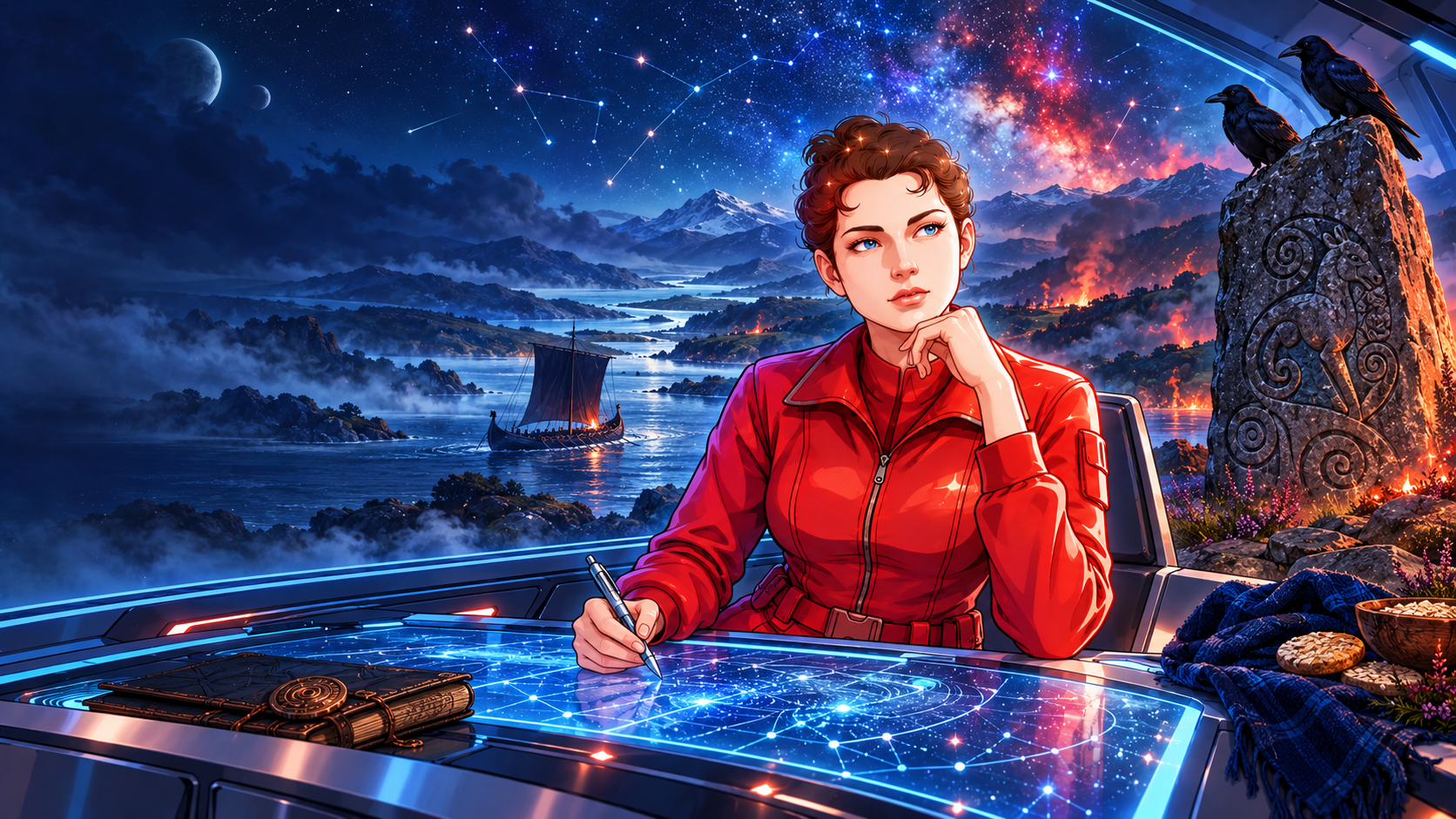 Illustrated portrait of Kate Thornton in a red jacket at a starship console overlooking the Scottish highlands, with a longship on the loch, a Pictish stone bearing ravens, and constellations across the night sky